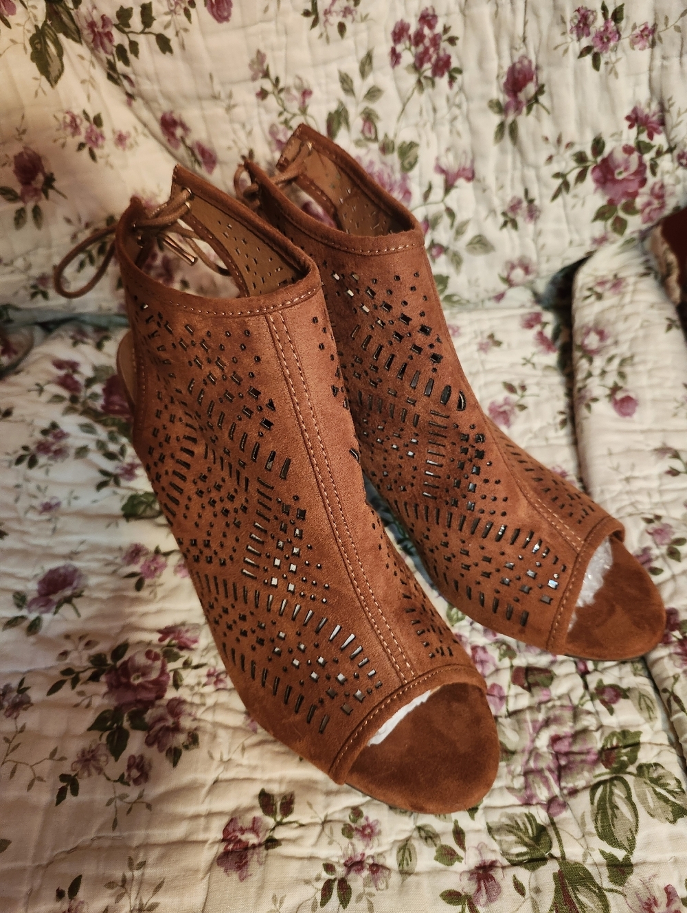 Brown Suede Peep-Toe Heeled Booties with  Perforated Details